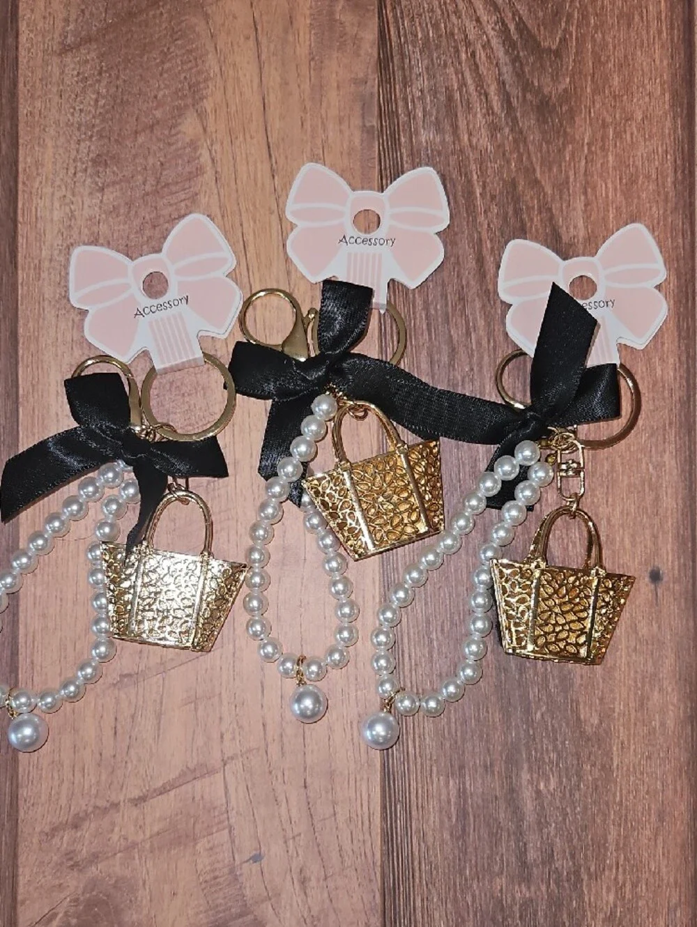 Pearl-Accent Mini Purse Keychain with Black Ribbon New